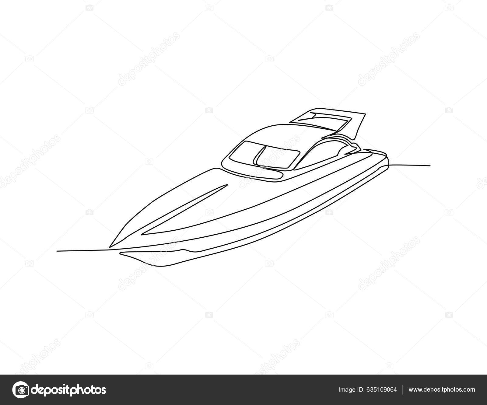 Continuous Single Line Drawing Art Of Luxury Yacht. Speed Boat