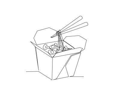 Continuous one line drawing of asian noodle in the paper bowl. Ramen on paper box line art drawing vector illustration.