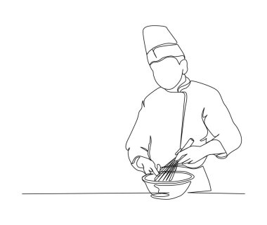 Continuous line drawing of Chef Stirring in Mixing Bowl vector illustration. Chef working single line art hand drawn minimalism style.