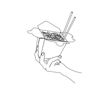 Continuous one line drawing of Hand Holding noodle in the paper bowl. Ramen on paper box line art drawing vector illustration.