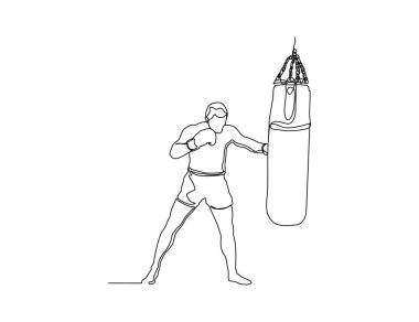 Continuous one line drawing of sporty boxer man punching boxing bag. Boxer train using boxing bag line art drawing vector illustration. 