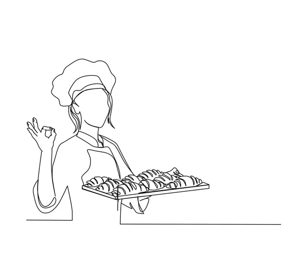 主厨在托盘矢量图上的连续线条绘图 主厨牵着羊角面包单行艺术手绘简约风格 — 图库矢量图片