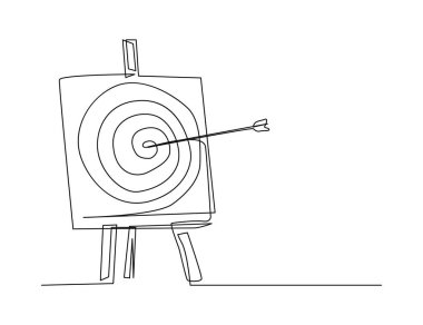 Continuous one line drawing of arrow shoted on target pad. Arrow on target line art drawing vector illustration. 