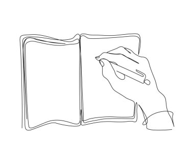 Continuous line art drawing of Hand writing on the book. Hand holding pen single line art drawing vector illustration.