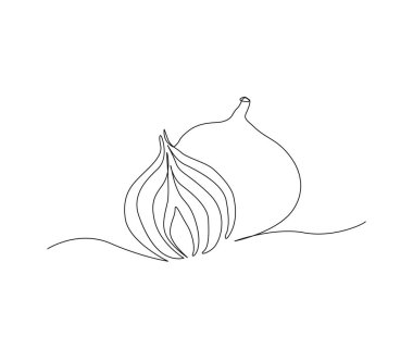 Continuous line art drawing of half cut and a whole of onion. Onion line art drawing for plantation business concept.