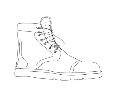 Continuous one line drawing of man work boot. Safety hiking boot line art drawing.
