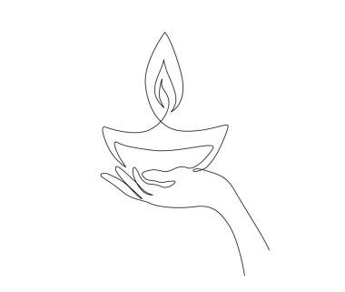 Continuous one line drawing of hand holding diya lamp light for Diwali celebration. Deepavali oil lamp line art vector design.