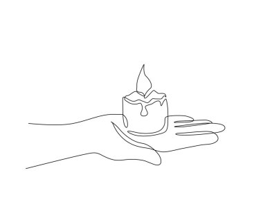Continuous one line drawing of hand holding burning candle. Candle burn simple line art vector design.