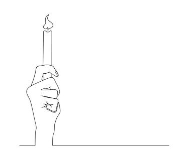 Continuous one line drawing of hand holding burning candle. Candle burn simple line art vector design.