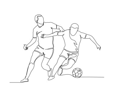 Continuous one line drawing of soccer players. A young man playing football simple line art vector design.