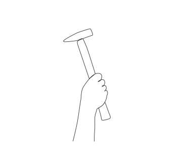 Continuous one line drawing of and holding hammer. Man's hand holds a hammer tool simple line art vector design.