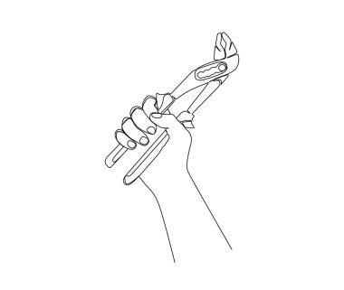 Continuous one line drawing of and holding pincers. Man's hand holds a carpentery tool simple line art vector design.