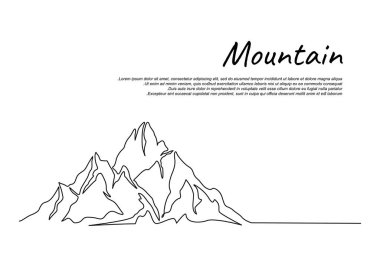 Continuous one line drawing of mountain landscape. High mounts peak lineart drawing vector design. Adventure, winter sports, hiking and tourism concept. 