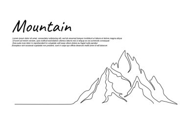 Continuous one line drawing of mountain landscape. High mounts peak lineart drawing vector design. Adventure, winter sports, hiking and tourism concept. 