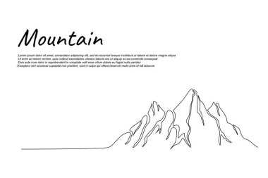 Continuous one line drawing of mountain landscape. High mounts peak lineart drawing vector design. Adventure, winter sports, hiking and tourism concept. 