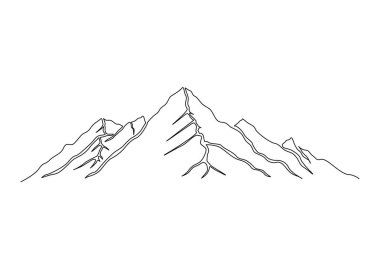 Continuous one line drawing of mountain landscape. Simple line mountain range landscape design. High mounts peak lineart drawing vector design. Adventure, winter sports, hiking and tourism concept. 