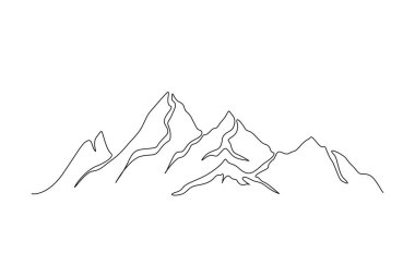 Continuous one line drawing of mountain landscape. Simple line mountain range landscape design. High mounts peak lineart drawing vector design. Adventure, winter sports, hiking and tourism concept. 