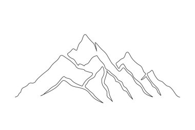 Continuous one line drawing of mountain landscape. Simple line mountain range landscape design. High mounts peak lineart drawing vector design. Adventure, winter sports, hiking and tourism concept. 