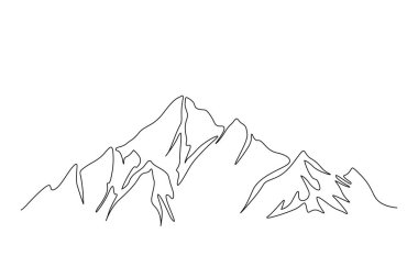 Continuous one line drawing of mountain landscape. High mounts peak lineart drawing vector design. Adventure, winter sports, hiking and tourism concept. Simple line mountain range landscape design.