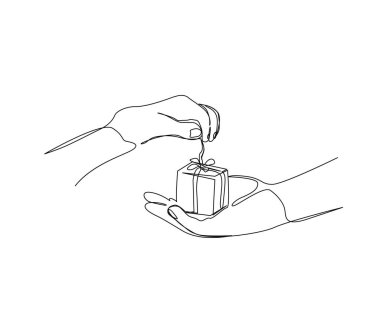 Continuous line drawing of couple holding present box together.  Presents cardboard box with ribbon simple line art with active stroke.  Holiday, birthday and thanksgiving concept.
