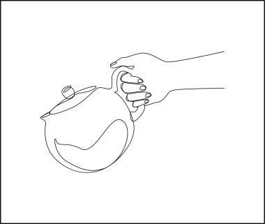 Continuous one line drawing of hand holding teapot. Hand holding coffeepot line art vector design.
