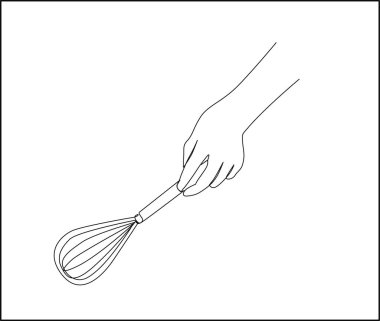 Continuous one line drawing of hand holding whisk egg. Kitchen whisk eggs line art vector design.