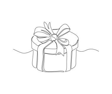 Continuous one line drawing of present box or gift box. Presents cardboard box with ribbon single line art vector design. Holiday, birthday , new year and thanksgiving concept.