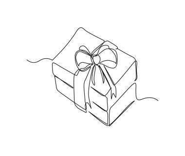 Continuous one line drawing of present box or gift box. Presents cardboard box with ribbon single line art vector design. Holiday, birthday , new year and thanksgiving concept.