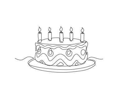 Continuous one line drawing of birthday cake with candles. Party, anniversary and celebration concept. Minimalism Hand drawn vector illustration. 