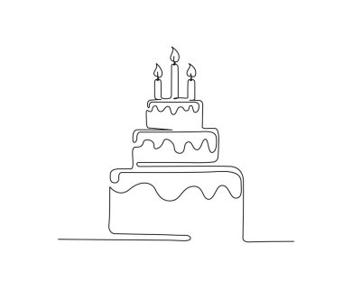 Continuous one line drawing of birthday cake with candles. Party, anniversary and celebration concept. Minimalism Hand drawn vector illustration. 