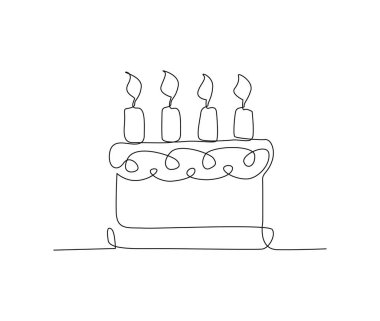 Continuous one line drawing of birthday cake with candles. Party, anniversary and celebration concept. Minimalism Hand drawn vector illustration. 