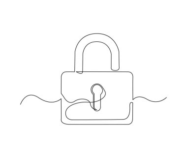 Continuous one line drawing of metal padlock. Padlock security sign symbol vector illustration.