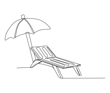 Continuous one line drawing of sunbed. Beach umbrella and chair for summer holiday line art vector illustration.