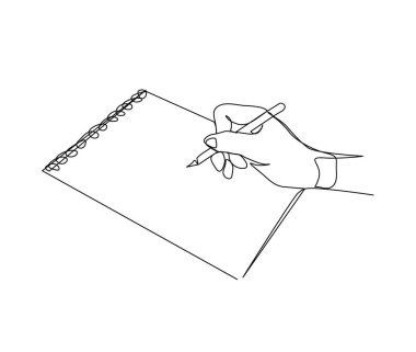 Continuous one line drawing of Hand writing on the paper. Hand holding pen single line art vector illustration.