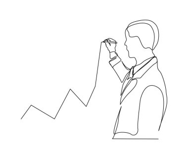Continuous one line drawing of businessman drawing chart graph. Business statistic presentation line art vector illustration.