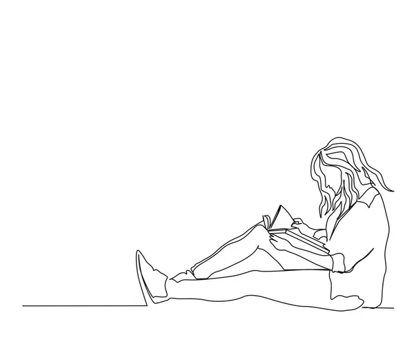 本を読んでいる若い女性の連続1行の図面 女の子が座って本を読んでシングルラインアート図面ベクトルイラスト ストックベクター