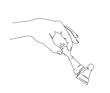 Continuous one line drawing of hand holding chess king and pawn. simple chess king versus pawn on hand  line art vector illustration.