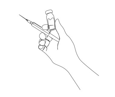 Continuous one line drawing of hand holding syringe and vial. Simple illustration of vial and Injection Syringe line art vector illustration.