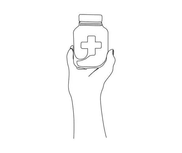 Continuous One Line Drawing Hand Holding Medicine Bottle Simple Medical — Image vectorielle