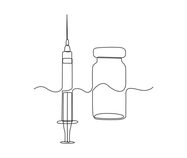 Continuous One Line Drawing Syringe Vial Simple Illustration Vaccine Injection — Stok Vektör