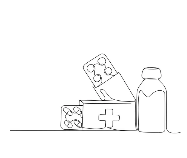 Kontinuierliche Einzeilige Zeichnung Von Handmedizin Vitamin Kapsel Tablette Und Pille — Stockvektor