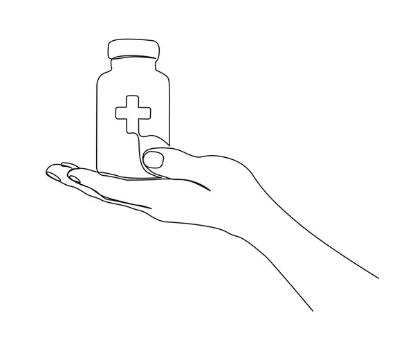 Continuous One Line Drawing Hand Holding Medicine Bottle Simple Medical — Stock Vector