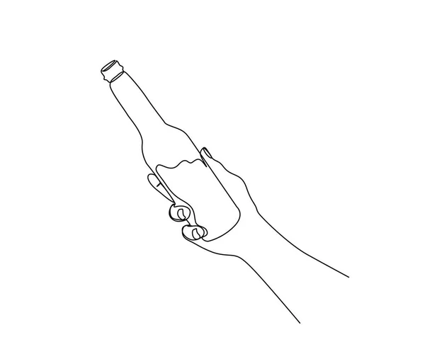 手拿着酒瓶的连续单行绘图 简单的玻璃瓶线艺术矢量插图 无塑概念 — 图库矢量图片