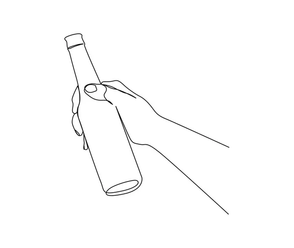 ハンド保持飲料ボトルの連続的な1行の図面 単純なガラス瓶ラインアートベクトルイラスト プラスチックフリーコンセプト — ストックベクタ