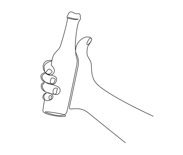 ハンド保持飲料ボトルの連続的な1行の図面 単純なガラス瓶ラインアートベクトルイラスト プラスチックフリーコンセプト — ストックベクタ