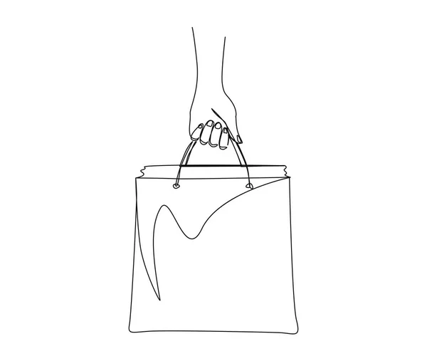 Kontinuierliche Linienzeichnung Der Hand Haltenden Einkaufstasche Einfache Papiertüte Linie Kunst — Stockvektor