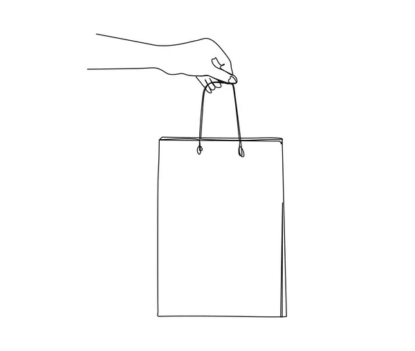 Continuous One Line Drawing Hand Holding Shopping Bag Simple Paper — Stock Vector