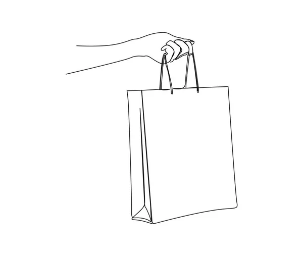 手を保持ショッピングバッグの継続的な1行の描画 シンプルな紙袋ラインアートベクトルイラスト — ストックベクタ
