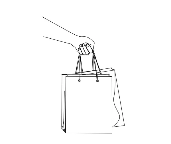 Continuous One Line Drawing Hand Holding Shopping Bags Simple Paper — Stock Vector