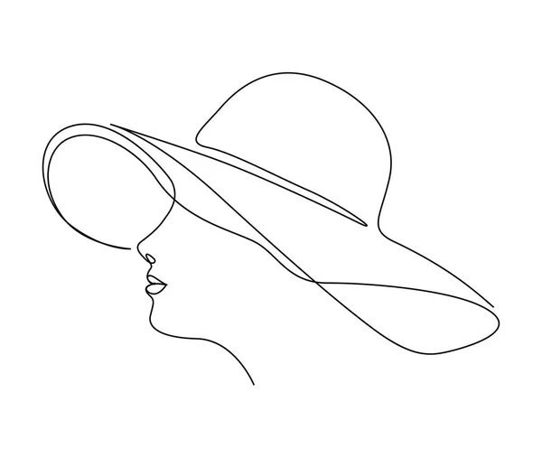 Dibujo Continuo Una Línea Hermosa Mujer Con Sombrero Sol Simple — Archivo Imágenes Vectoriales